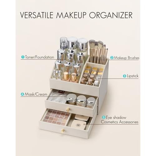 Vlando Makeup Organizer for Vanity,Large Capacity Countertop Organizer with Drawers, PU Leather Cosmetic Display Case for Lipstick,Brushes,Skincare,Bedroom Storage (Beige)