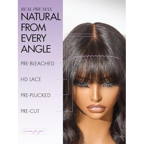 LUVME HAIR 7x6 HD Lace 2.0 Upgrade All-Day Comfort Wig with Bangs 200% Density Hair PartingMax Lace Wigs Loose Body Wave Lace Front Wigs Human Hair Pre Cut Plucked Lace Frontal Glueless 16 Inches