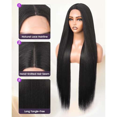 Long Straight Black Wigs for Women Glueless Synthetic Wig Middle Part 32 Inch