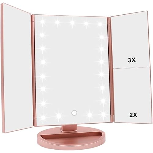 WEILY Makeup Mirror with 21 LED Lights,Two Power Supply Modes, Adjustable Touch Screen and 1x/2x/3x Magnification Tri-Fold Vanity Mirror,Chargeable Travel Cosmetic Mirror for Desktop(Rose Pink)