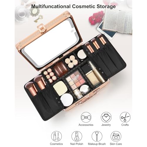Relavel Makeup Bag with LED Mirror, Makeup Box Travel Train Case with Rechargeable Lighted Mirror, Cosmetic Brush Organizer Storage for Makeup Artists Gifts for Women and Girls, Rose Gold