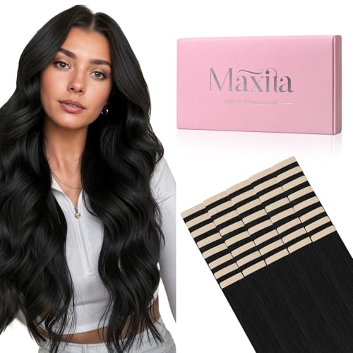MAXITA Tape in Hair Extensions 1B Natural Black 24 Inch 100g 40pcs Thick Ends Remy Human Hair Seamless Straight Invisible Tape in Extensions