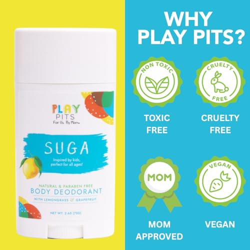 PLAY PITS - Kids Deodorant for Girls & Boys - Natural - Aluminum-Salt Free - Safe for Sensitive Skin - Variety Pack - SUGA, SONSHINE, & HAPPY ? Clean, Non-Toxic, & Paraben Free - 2.65oz - 3 pack