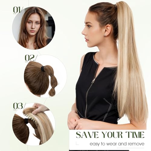 Ponytail Extension, 22 Inch Claw Clip Ponytail Extension Human Hair Long Straight Jaw Clip in Real Hair Pony Tails Hairpieces for Women Chocolate Brown