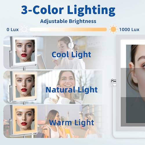 Ruacq Rechargeable Wall Mounted Makeup Mirror with Lights, Double Sided 1X/7X Magnifying Vanity Mirror with 3 Color Lighting, Touch Screen Dimmable, 360¡Æ Rotation Extension Foldable Arm(Chrome)
