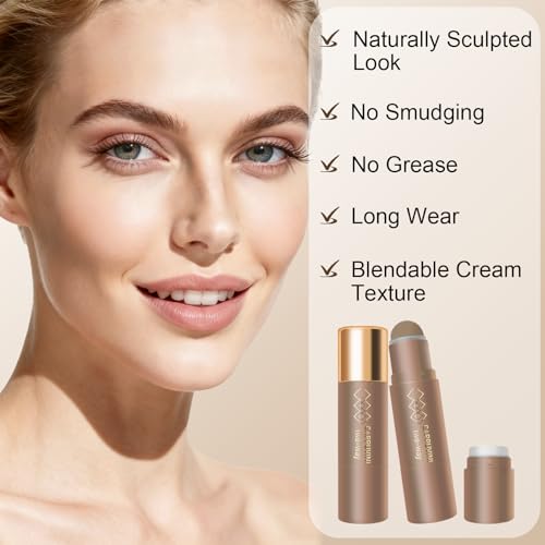 Cool Toned Cream Contour Stick for Fair Light Pale Skin,Grey Nose Contour Makeup Built-in Sponge, Smooth Long Lasting Bronzer Gray, Blendable Lightweight Contouring Stick #01 Cool Ash Brown