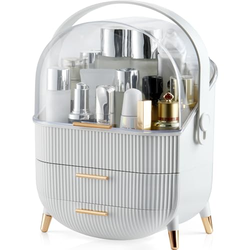 CANITORON Makeup Organizer,Skincare Organizer with 2 Drawers and Transparent Cover,Cosmetic Display Case for Vanity Organizer and Bathroom Countertop Storage.(White)