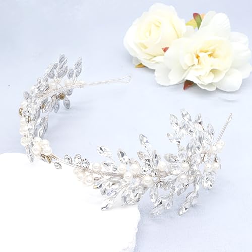 Oriamour Rhinestone Bridal Headband, Silver Wedding Headpiece for Bride, Wedding Hair Accessories for Brides Hair band For Women (Silver04, 14'')