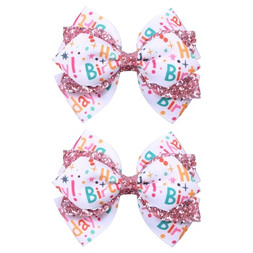 4" Happy Birthday Ribbon Hair Bow Clips 2pc Sparkly Pink Sequin Alligator Barrettes Pins for Teens Toddler Baby Girls Kids Women Ice Cream Party Outfit Dress Decor Accessory Gift