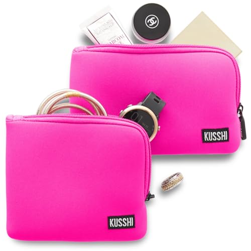 KUSSHI 2pc Neoprene On-The-Go Pouch Set - Passport Holder and Travel Zipper Makeup Pouch for Purse - Small Purse Pouch for Organization, Electronics, Glasses & Valuables (Pink)