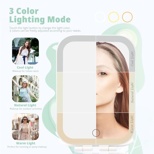 Travel Makeup Mirror, Portable Mirror with Light, 3 Adjustable Light Settings USB-Rechargeable Vanity Mirror for Bedroom, Office, Home, Gift for Women and Girls (White)