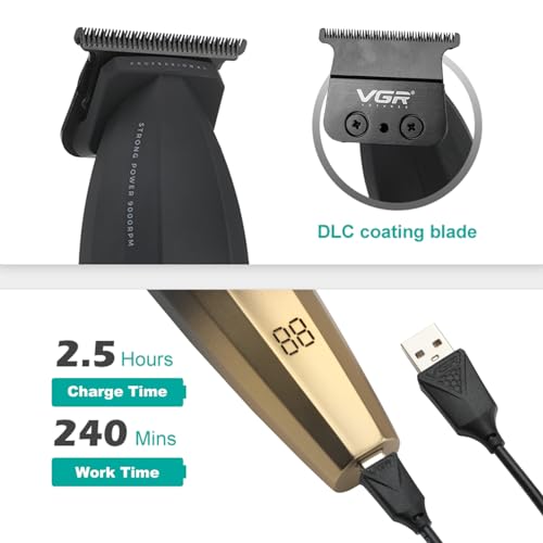 VGR 906 Fresh Fade Professional Hair Trimmer, 9000rpm Zero Gapped Beard Trimmer for Men, DLC T-Blade Cordless Hair Clipper for Barbers and USB Rechargeable, Gold