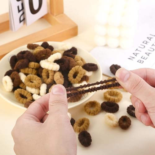 Small Hair Ties for Toddler Gilrs,Adult's Fine Hair,120pcs,No Damage Mini Hairties for Kids,Children,Soft Cotton Tiny Hair Tie,Seamless,Won't Pull Out (Brown)