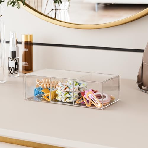 Hair Accessories Organizer for Girls, Clear Acrylic Hair Bow Tie Clip Scrunchie Holder with Removable Divider, Cute Small Stackable Storage Drawer Container Caddy Box for Bathroom Vanity Countertop