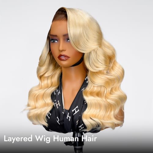 Wiggins Ombre 4/613 Blonde Layered Wig Human Hair Body Wave 6x8 Pre Cut Layered Human Hair Wig Side Part Glueless Wigs Pre Plucked Wigs For Black Women Beginner Friendly 16 Inch