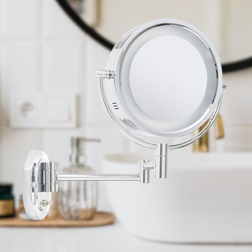 JERDON Wall-Mounted Makeup Mirror with 5X Magnification - Chrome Makeup Mirror with LED Lights - Plug in - HL65C