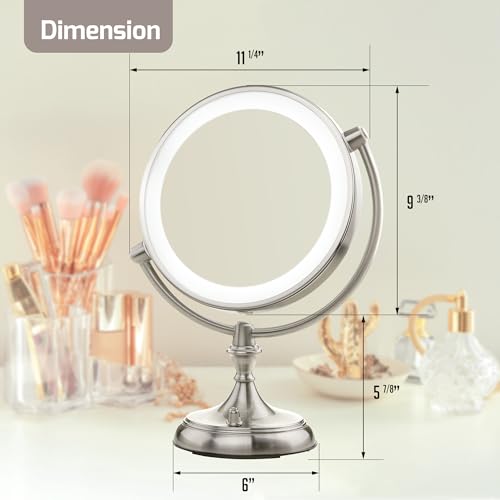OVENTE 9" Lighted Tabletop Makeup Mirror with 1X/5X Magnification, Double-Sided Magnifying Vanity Mirror with Dimmable LED Lights, 360¡Æ Swivel Design and Dual Power Supply, Nickel Brushed MGT95BR1X5X