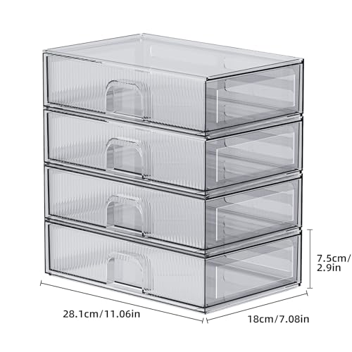 ZHIAI Stackable Storage Drawer, 4 Piece Acrylic Organiser for Cosmetics and Beauty Products, Suitable for Dressers, Bathrooms, Cabinets, Storage Rooms, Bedrooms and Home Organisers