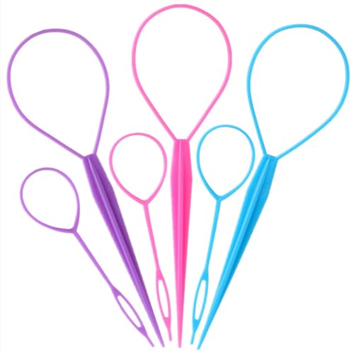 Aigee 6pcs Topsy Tail and Hair Loop Styling Tool Set - Ponytail Makers, French Braid Loops in Large and Small, Hair Pull Through Tools (Pink, Blue, Purple) for Women and Girls