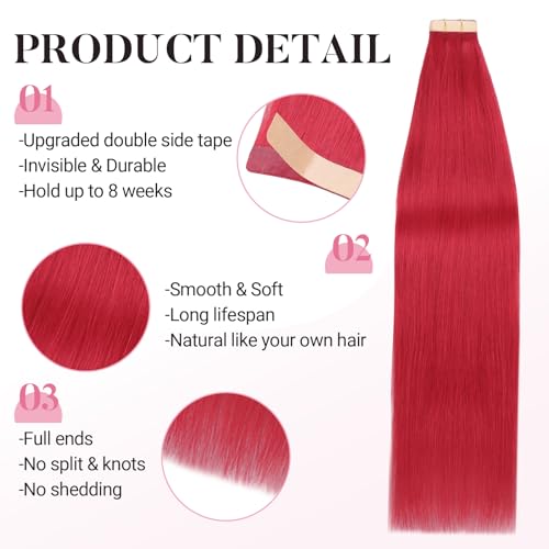 MAXITA Tape in Hair Extensions Human Hair Red Hair Extensions Tape ins, 10pcs 30g 22 Inch Colored Party Highlight Tape in Extensions Straight Soft Real Human Hair Extension