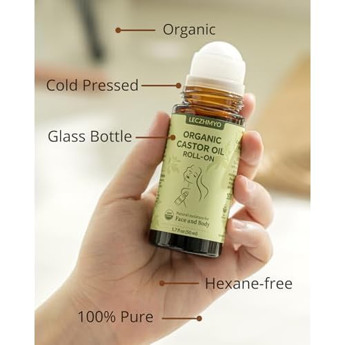 Castor Oil Roll on for Belly, Face, Body, Under Eyes ?Certified Organic, Cold Pressed, Hexane Free, Unrefined ? Glass Bottle Pure Roller Ball Castor Oil to Moisturize Skin - 1.7 fl. oz Large Size