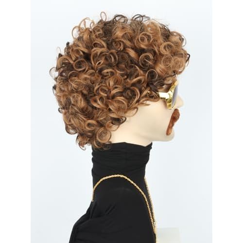 Topcosplay 5Pcs Set 70s 80s Disco Wig for Men or Women Afro Wig with Glasses Necklace Moustache Short Curly Hippies Wigs Blonde Brown