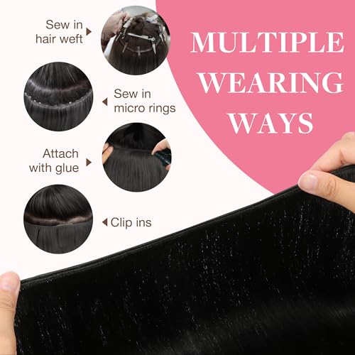 GOO GOO Sew in Hair Extensions Real Human Hair, Weft Hair Extensions Human Hair, 1B Natural black 22inch 110g, Weft Bundles Straight Silky Remy Hair