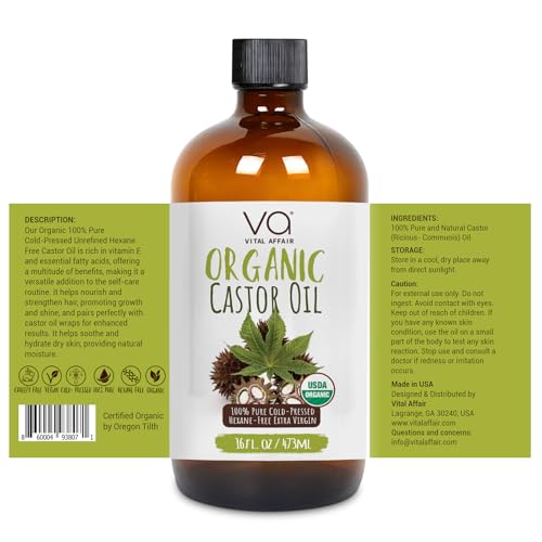 VITAL AFFAIR Pure Castor Oil Organic Cold Pressed Unrefined Glass Bottle-USDA Certified for Castor Oil Pack Wrap for Face,Hair Growth,Eyelashes,Eyebrows-16oz