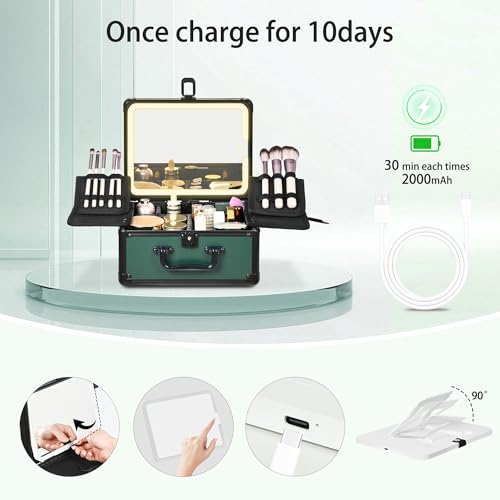 Makeup Case with Lighted Mirror, Makeup Box Organizer with Detachable LED Mirror, Travel Makeup Train Case, Waterproof Cosmetic Organizer, Standing Makeup Brush Holder, Gift, Black Green