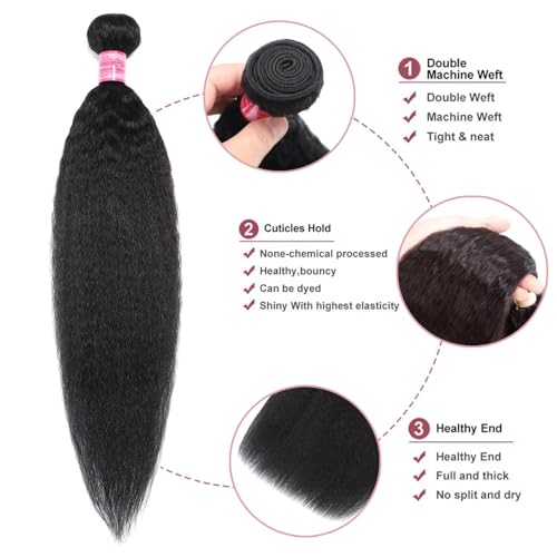 Kinky Straight Human Hair Bundles 20 22 24 26 Inch Yaki Straight Human Hair 4 Bundles 12A 100% Unprocessed Brazilian Virgin Remy Human Hair Extension Natural Color