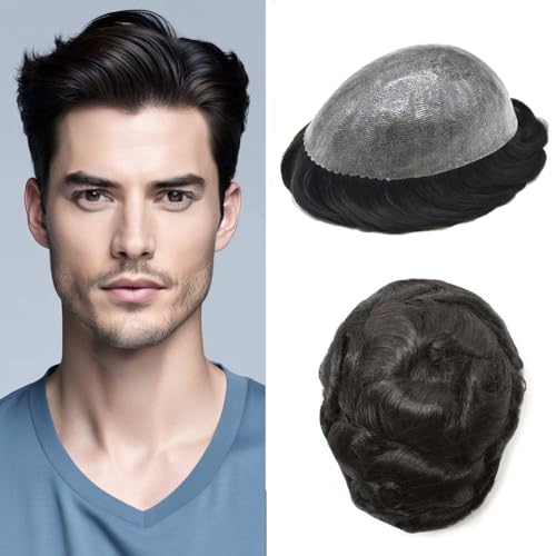 Toupee For Men Human Hair Replcement System For Mens Toupee Hair Piece PU Skin Men's Toupee Hairpieces 8X10#1B Off Black