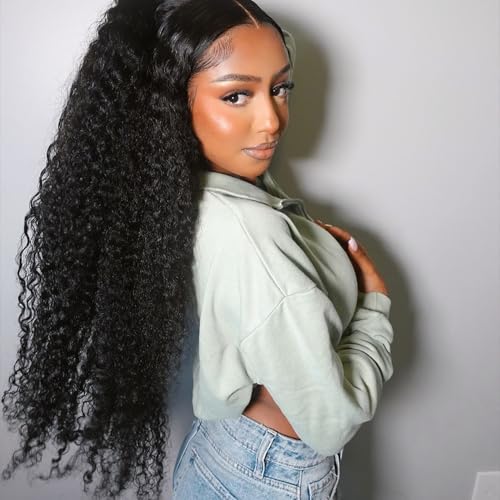 Dianthe Deep Wave Lace Front Wigs Human Hair 180% Density 13x6 HD Transparent Glueless Pre Plucked Deep Curly Wig Wet and Wavy Human Wigs for Women with Baby Hair (Deep Black, 22-Inch)