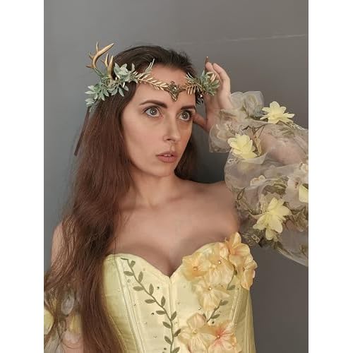 MOSTORY Woodland Gold Antler Crown - Forest Elf Headpiece Fairy Floral Circlet for Women Renaissance Fair Halloween Renfaire Cosplay Photo Shoot