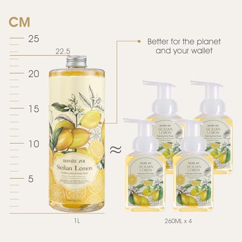 ROMIIE ZOI Hand Soap Refills Foaming 3pack (33.8 Fl Oz) + Reuseable Foam Soap Dispenser, Natural and Moisturizing Foaming Refills Kit, Lemon Hand Soap Refills