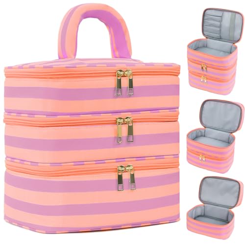 Three Layer Makeup Bag for Women Fashion Stripes Cosmetic Bag Preppy Style Travel Water-Resistant Toiletry Bag for Storage Toiletries Cosmetics Sets for Women Teen Girls Purple