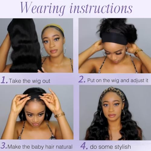 Headband Wig Human Hair Body Wave Wigs None Lace Front Wigs 100% Human Hair Brazilian Virgin 150% Density Natural Color (22inch)