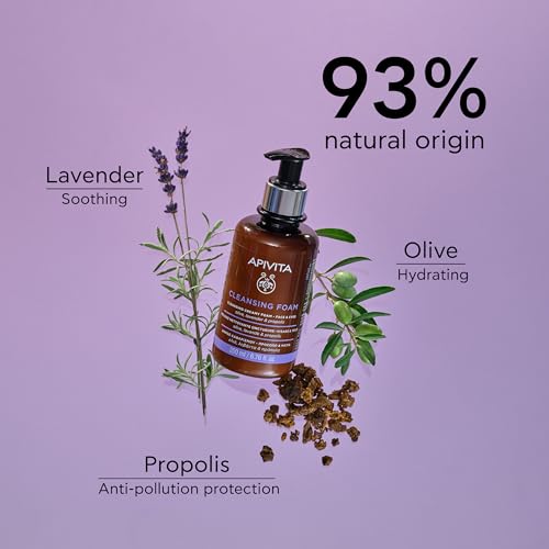 Apivita Cleansing Foam | Hydrating & Soothing Cleansing Creamy Foam for Face & Eyes with Olive, Lavender & Propolis, 200 mL / 6.67 oz