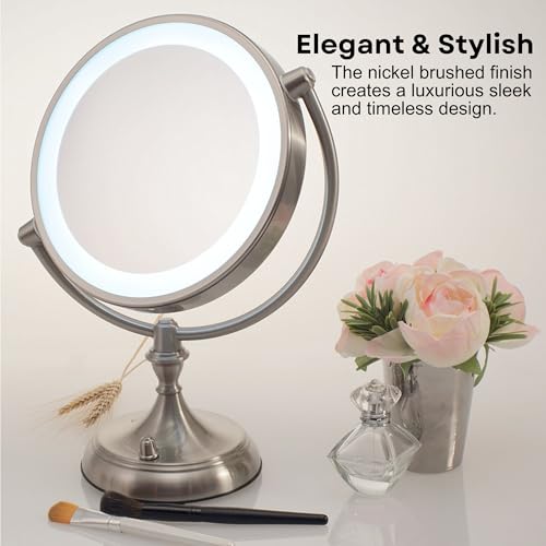 OVENTE 9" Lighted Tabletop Makeup Mirror with 1X/5X Magnification, Double-Sided Magnifying Vanity Mirror with Dimmable LED Lights, 360¡Æ Swivel Design and Dual Power Supply, Nickel Brushed MGT95BR1X5X