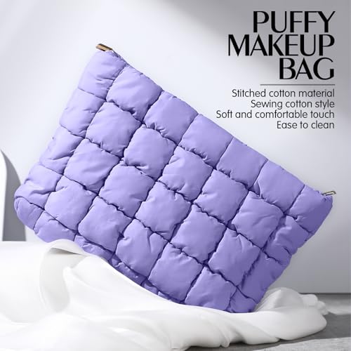 Hillban Purple Puffy Quilted Makeup Bag Quilted Cosmetic Bag Cute Puffer Toiletry Checkered Pouch Aesthetic Travel Makeup Brushes Organizer(Classic)