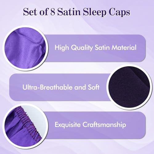 Lawie 8 Pack Colors Satin Lined Silky Sleeping Bonnets Shower Caps Curly Long Hair Protector Night Large Adjustable Wide Brim Band Sleep Hats Hair Wraps for Women Girls (Feminine Colors)