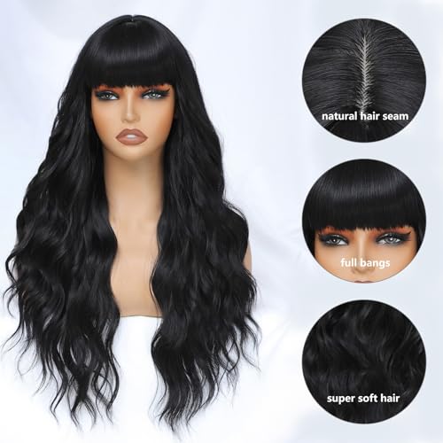MINLEE Black Wig with Bangs for Women 26 Inch Long Wavy Wig Natural Black Hair Wigs Heat Resistant Synthetic Wig for Daily Party Use
