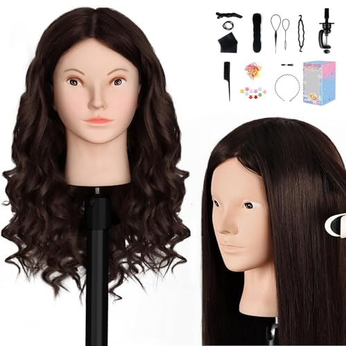Mannequin Head with 80% Human Hair, 26" Straight Hair Manikin Head, Training Doll Head for Cosmetology & Makeup Practice Real Hair with Clamp Holder and Styling Kits (Dark Brown)
