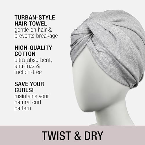 CONAIR Cotton Twist & Wrap Hair Towel, Fast Drying Ultra-Absorbent Hair Plop for All Types and Lengths, Turban-Style Cotton Towel Helps Maintain Natural Curl Style, Gray