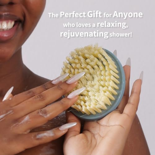 Body Scrubber 2 Pack, BEAUTAIL Gentle Exfoliating Shower Bath Brush, Soft Bristle Brushes for Sensitive Skin Women Men, Non-Slip Hand-Clip, Durable and Long Lasting (Blue+Gray)