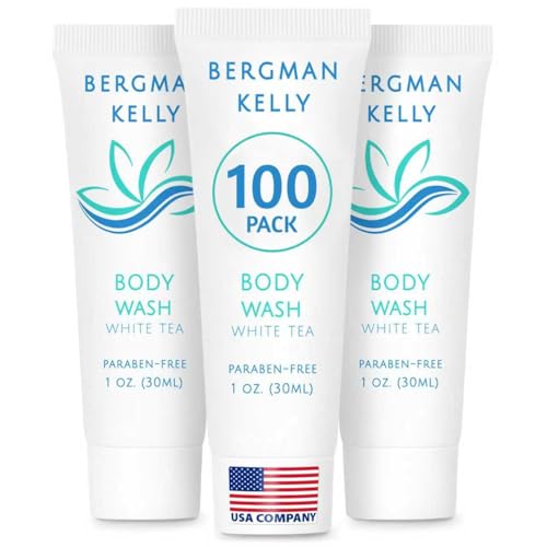 BERGMAN KELLY Travel Size Body Wash (1 fl oz, 100 PK, White Tea), Delight Your Guests with a Revitalizing and Refreshing Hotel Body Wash, Quality Mini and Small Size Guest Hotel Toiletries in Bulk