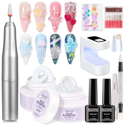 MIZHSE Solid Builder Nail Gel Kit with Nail Drill, Clear White 3D Sculpting Nail Gel for Nail Art with U V Lamp Brush for Nail Extension Home Salon DIY Manicure