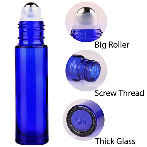 inice 100 Pack,10ml Roller Bottles for Essential Oils Cobalt Blue Thick Glass Stainless Steel Roll On Ball Bottles