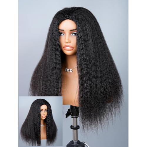 ISEE 3 In 1 Half Wig Kinky Straight Glueless Wigs Human Hair Comfortable Fit No Glue Needed Wear & Go Seamless Clip In Wigs 18 Inch
