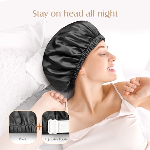 YFONG Double Layered 100% Silk Bonnet for Sleeping Women, 22 Momme Pure Mulberry Silk Sleep Shower Cap with Adjustable Elastic Band Stay On Head£¬Reduce Frizz, Keep Hairstyle, Black, L