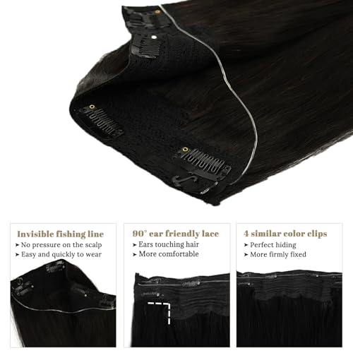Munx Halos Wire Hair Extensions Real Human Hair Black Wire Extensions with Transparent Lines Natural Black Secret Halos Human Hair Extensions Invisible Black Hair Extensions for Women 80G 16""